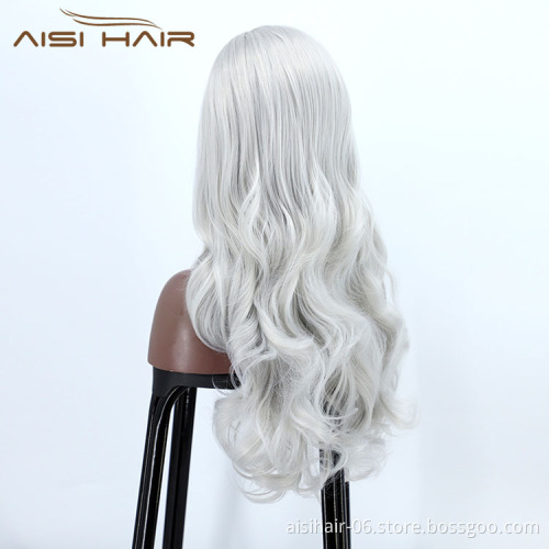 Aisi Hair Cheap Cosplay Popular Long Wavy Curly Body Wave Grey Swiss Lace Synthetic Hair For Black Women Lace Front Wig